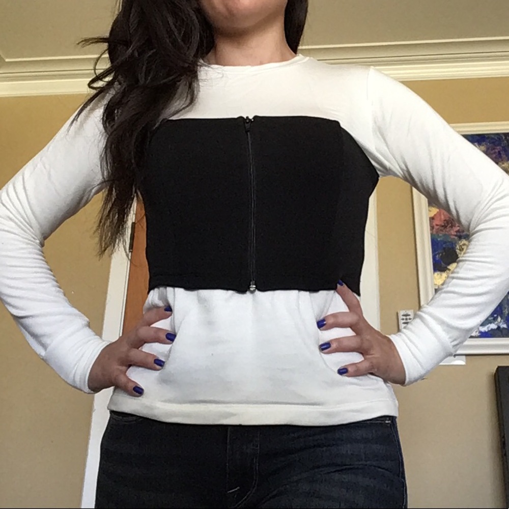 LnA white long sleeve top with black zipper corset